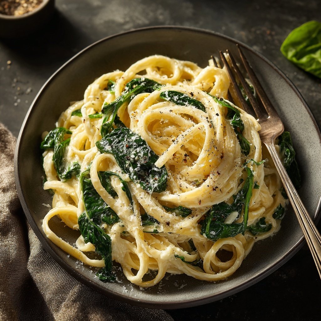 Mittagessen mit Nudeln und Spinat