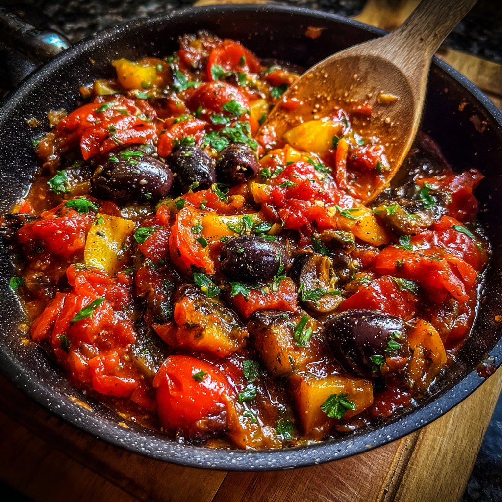 Auberginenpfanne mit Tomaten und Oliven