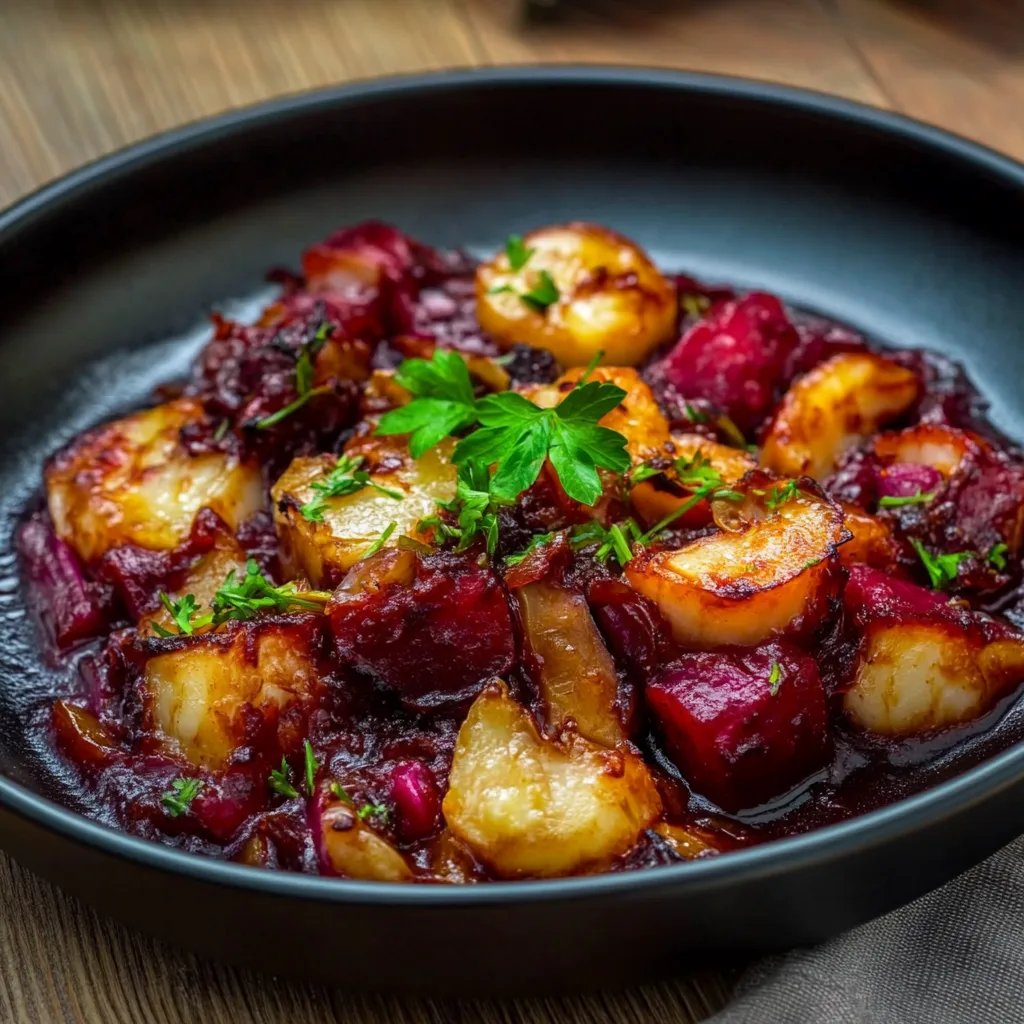 Geschmorte Rote-Bete mit Zwiebeln und Knoblauch